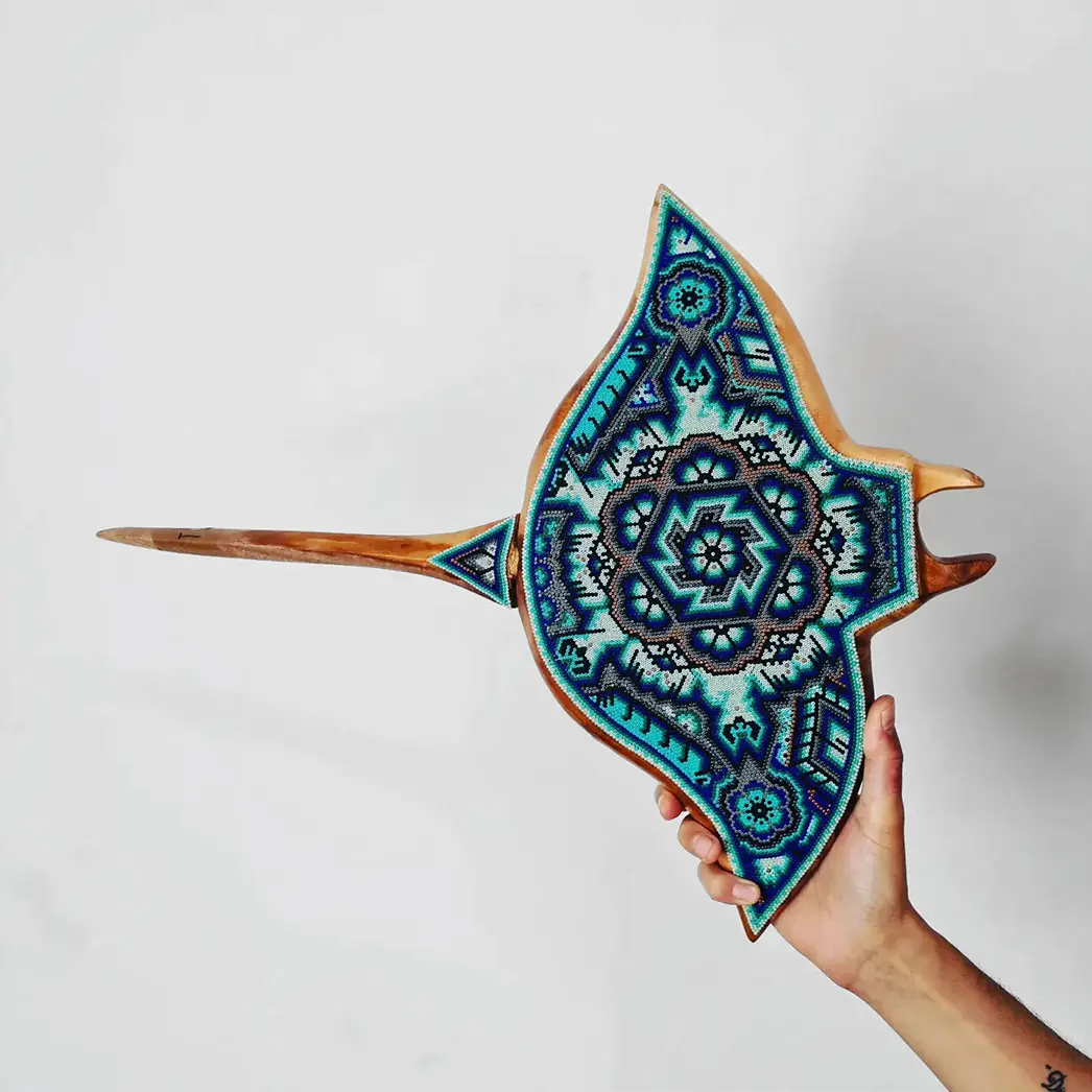 Wooden Stingray Sculpture decorated with beads, manta ray with huichol art