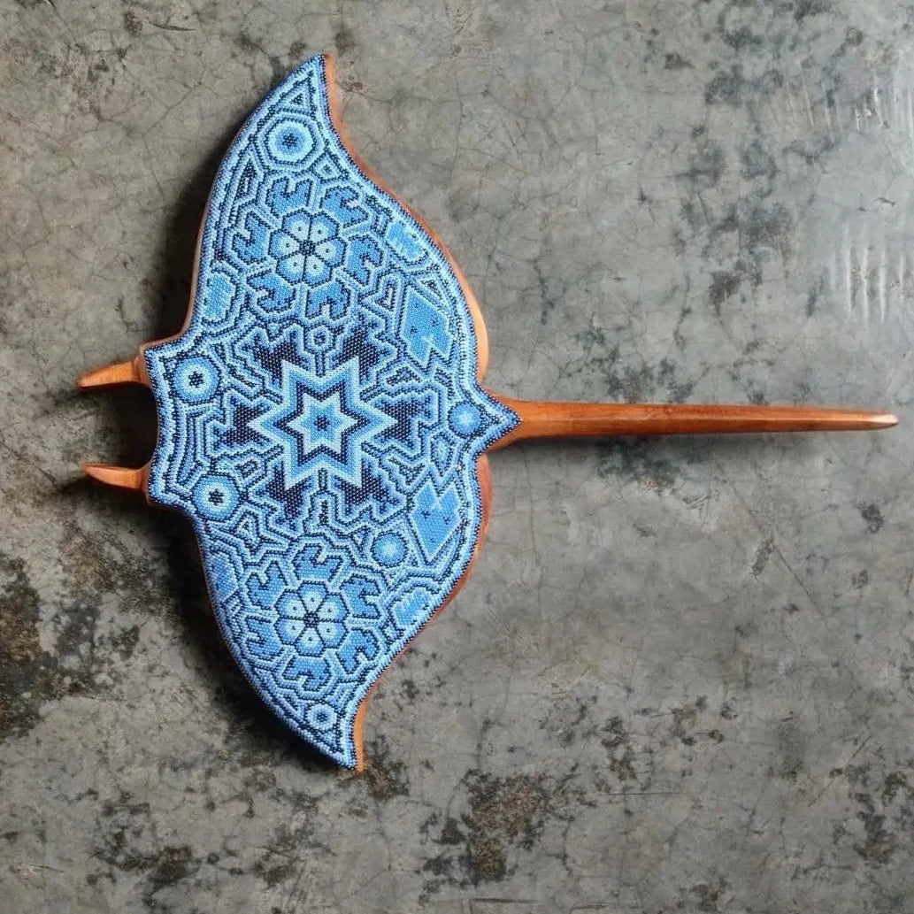 Wooden Stingray Sculpture decorated with beads, manta ray with huichol art