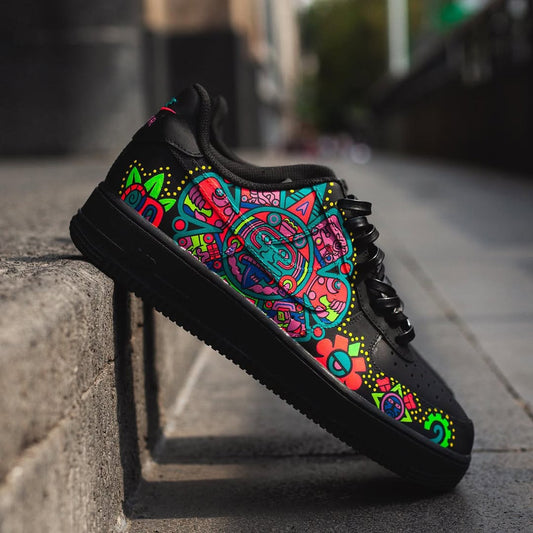 handpainted neon aztec calendar sneakers