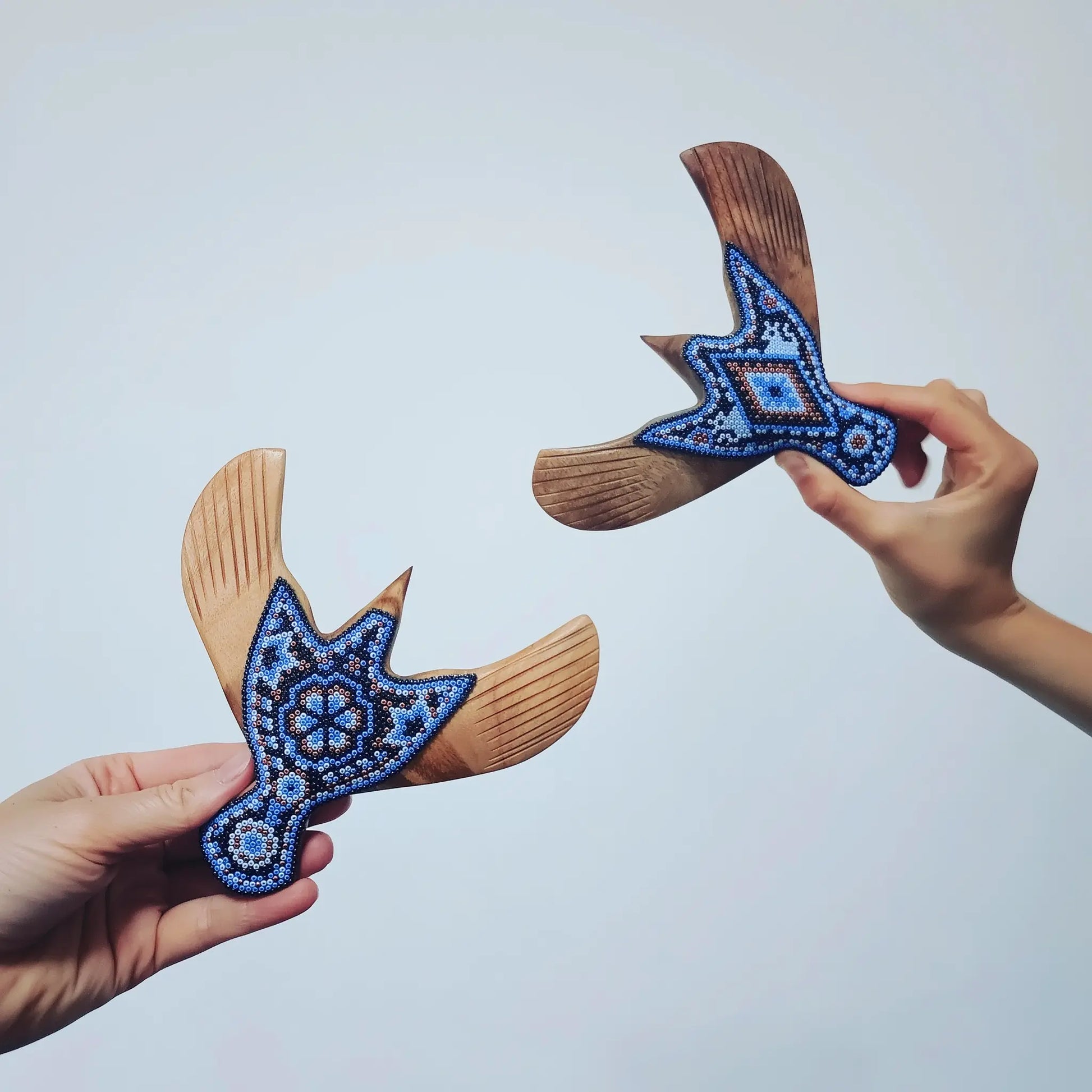 Wooden Pigeon Sculpture decorated with beads in the style of huichol art, mexican crafts