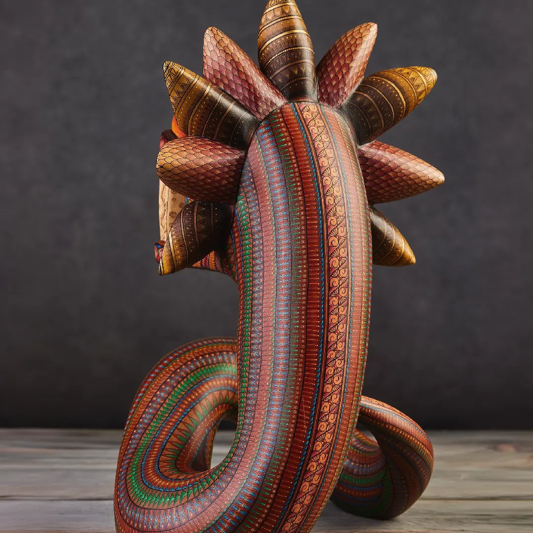 Handpainted wooden quetzalcoatl sculpture, authentic mexican alebrijes. Kukulkan art