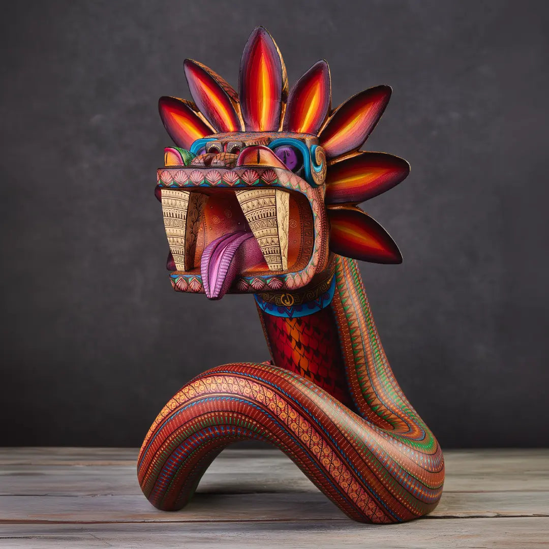 Handpainted wooden quetzalcoatl sculpture, authentic mexican alebrijes. Kukulkan art