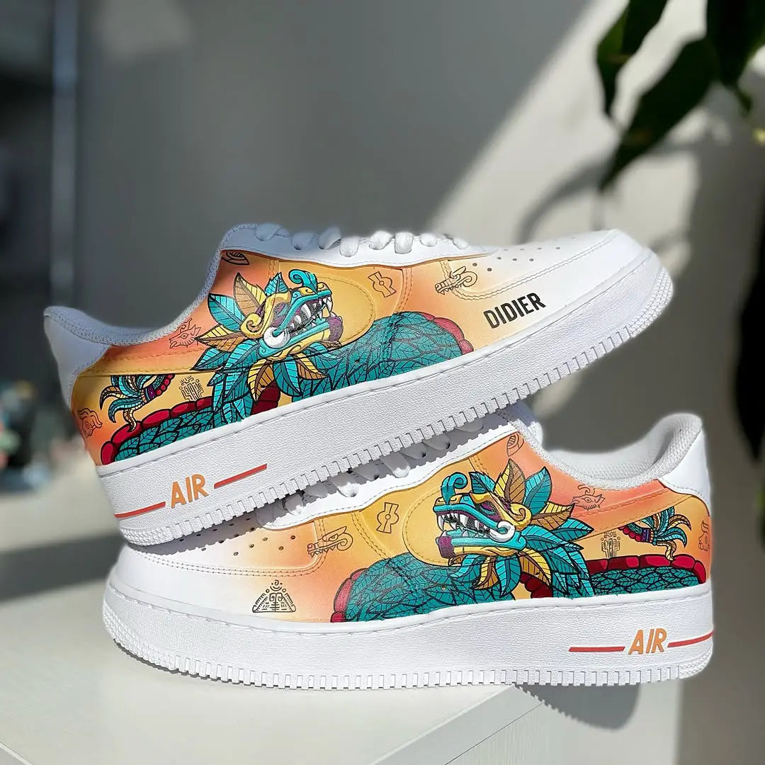 Custom handpainted sneakers, quetzalcoatl sneakers