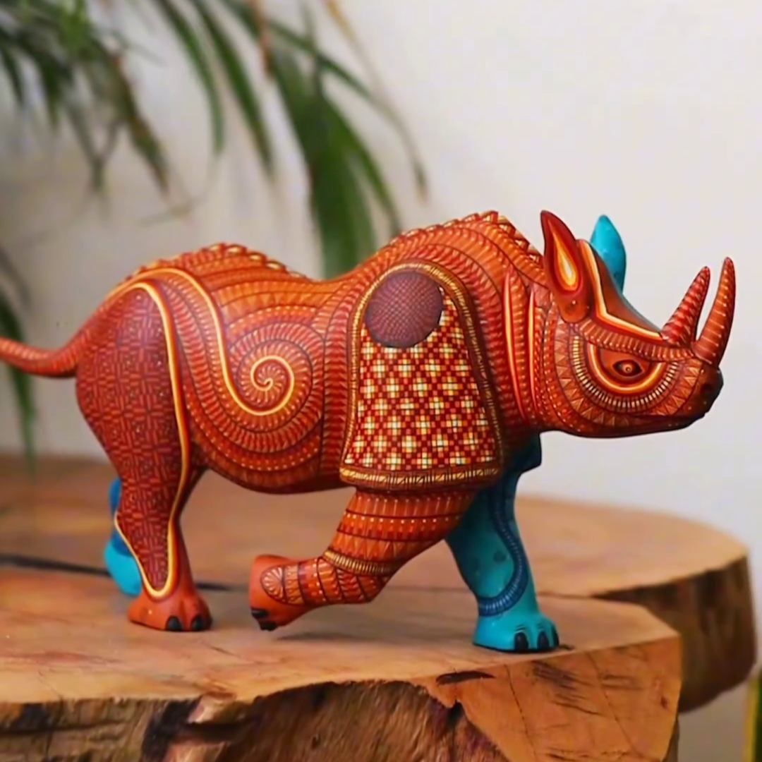 rhino alebrije, painted wooden rhino sculpture