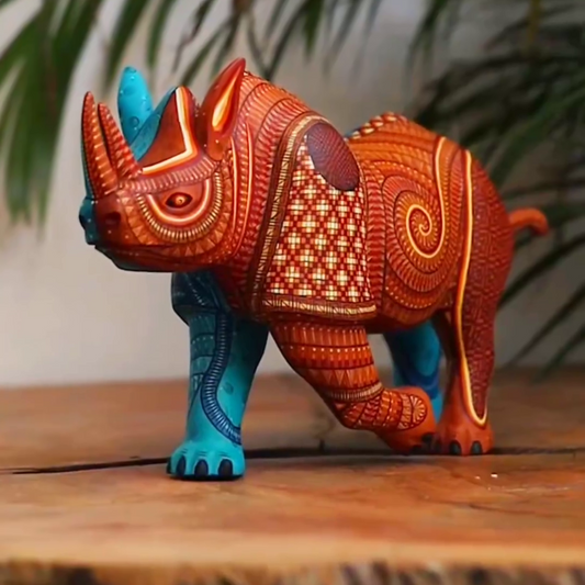 painted wooden rhino sculpture