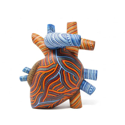 heart alebrije, painted wooden anatomical heart sculpture