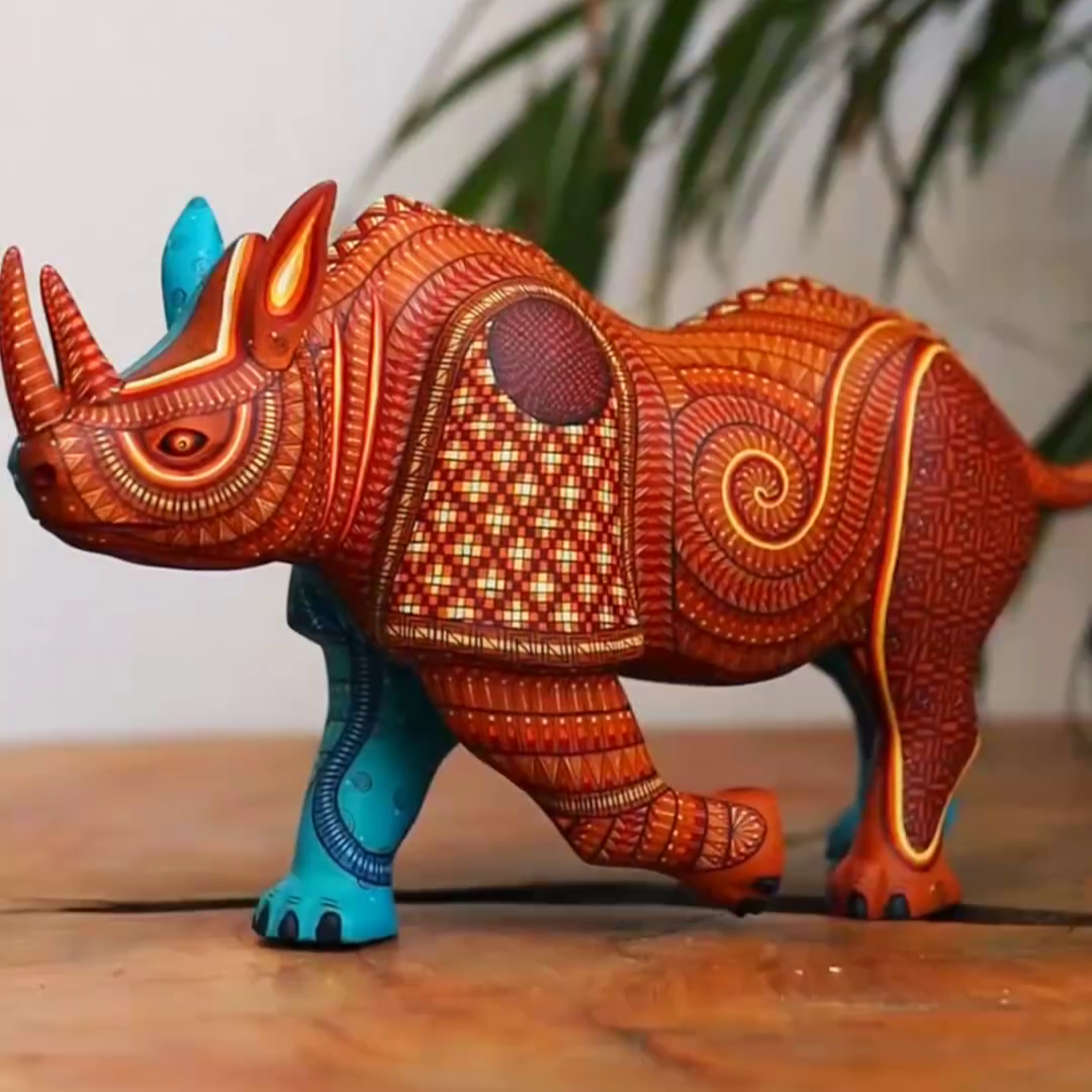 rhino alebrije, painted wooden rhino sculpture